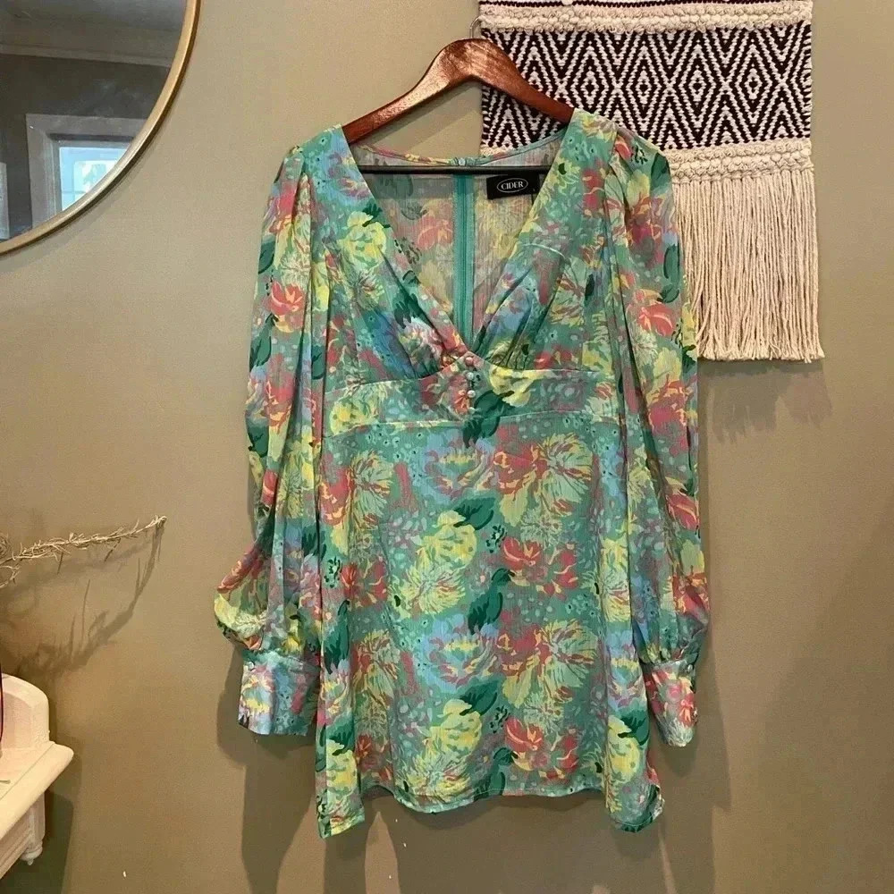 CIDER FLORAL LONG SLEEVE RUFFLE MINI DRESS SIZE L NWT